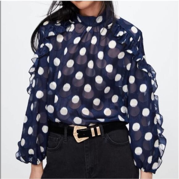 Zara EUC Semi Sheer Polkadot Navy White Ruffled Blouse Size XS - Picture 2 of 13